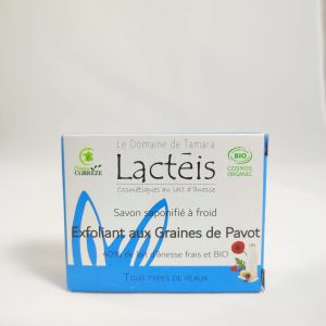 Savon au lait d&rsquo;ânesse frais et bio à 40% de lait. (l&rsquo;exfoliant aux graines de pavot)