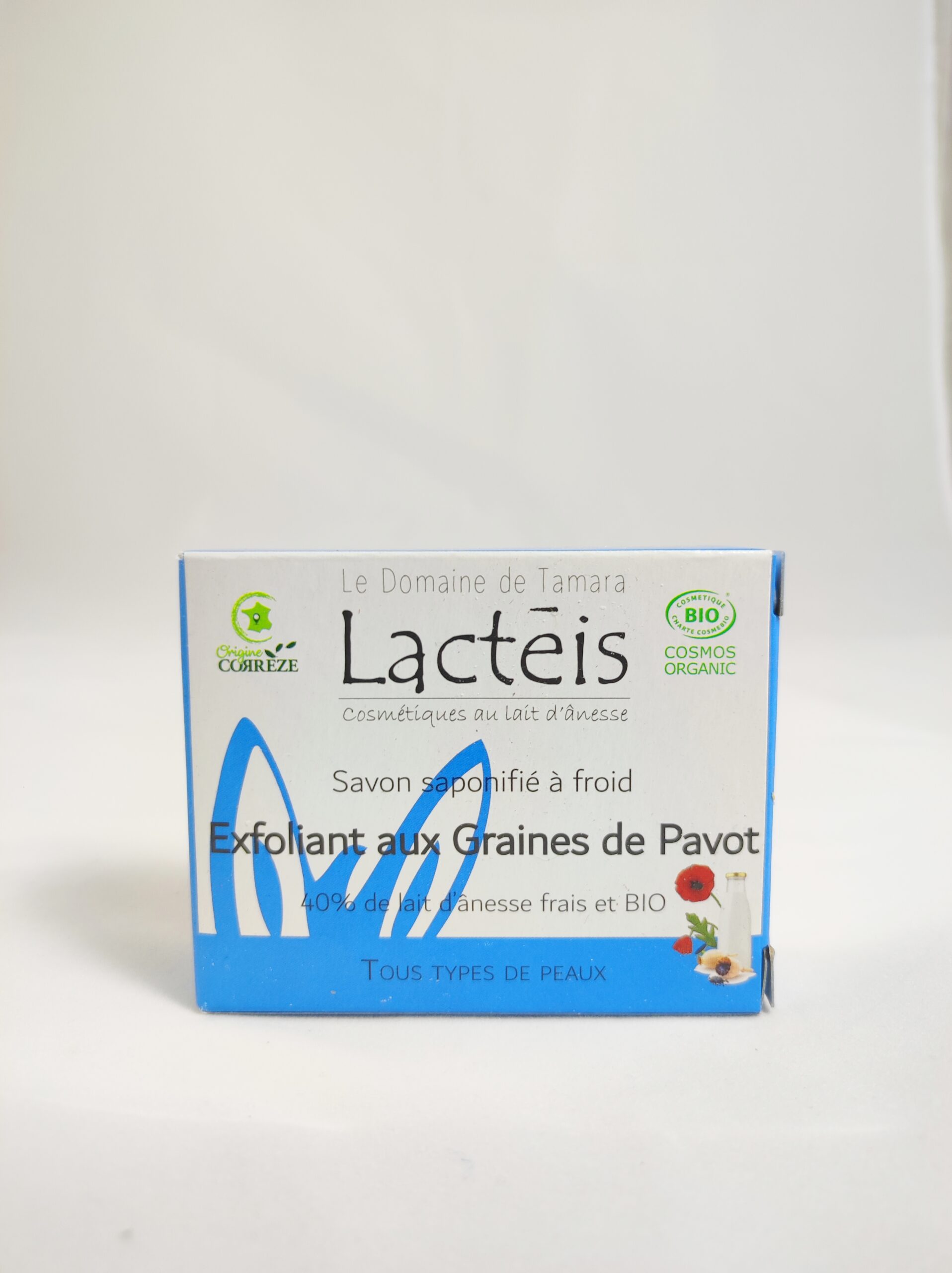 Savon au lait d’ânesse frais et bio à 40% de lait. (l’exfoliant aux graines de pavot)