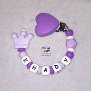 Attache tétine personnalisée silicone couronne violet