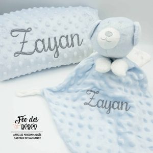 Coffret couverture et doudou ours personnalisé pour bébé