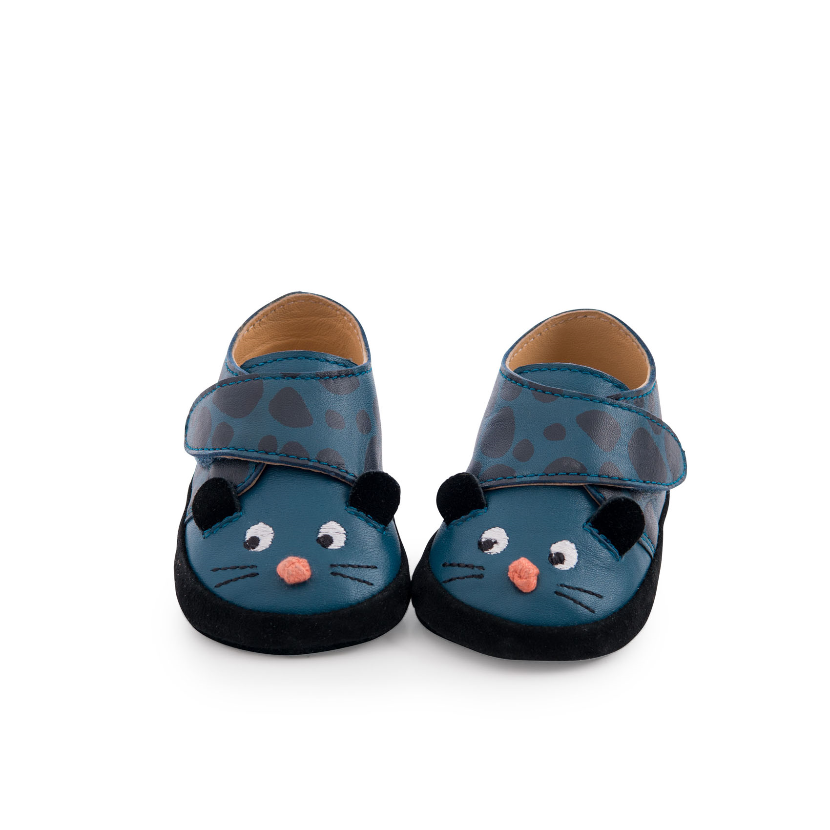 Chaussons cuir panthère bleu Dans la jungle