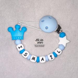 Attache tétine personnalisée silicone couronne bleu