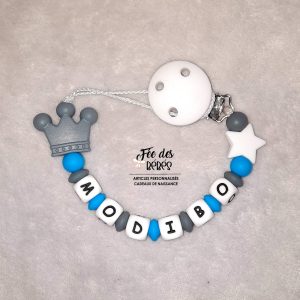 Attache tétine personnalisée silicone couronne bleu et gris
