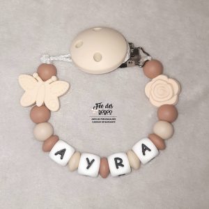 Attache tétine personnalisée silicone papillon marron clair