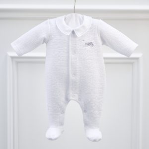 Combi brodée en jersey gaufré blanc/ ciel + col – Théophile & Patachou