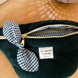 Sac banane velours vert sapin et vichy