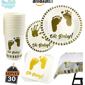 Vaisselle jetable  blanc et or  pour Baby Shower, lot de 141 pièces:  Assiettes, Tasses, Serviettes et nappe, pour 30 Personnes