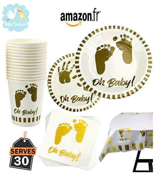 Vaisselle jetable blanc et or pour Baby Shower, lot de 141 pièces: Assiettes, Tasses, Serviettes et nappe, pour 30 Personnes