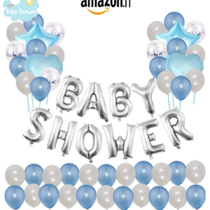 Bannière ballons “Baby Shower” +40 ballons bleu/argent+ 5 ballons confettis+ 4 ballons étoile/coeur
