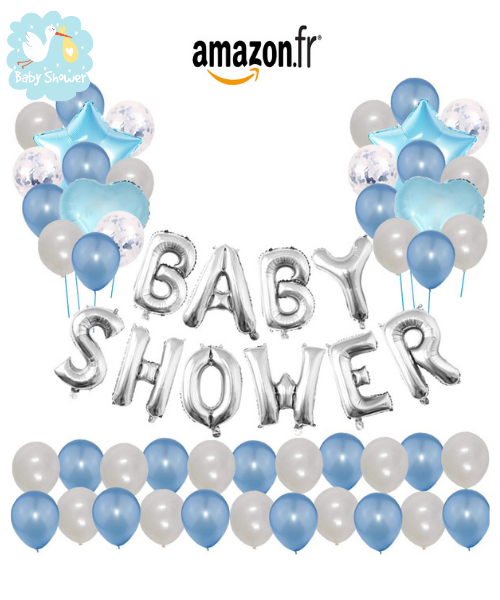 Bannière ballons “Baby Shower” +40 ballons bleu/argent+ 5 ballons confettis+ 4 ballons étoile/coeur