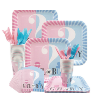 Set vaisselle jetable pour révélation sexe bébé:  Assiettes, verres, Serviettes, couverts