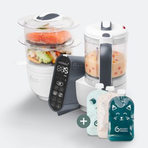 Robot Cuiseur Nutribaby(+) Blanc avec 15 sachets réutilisables – Robot culinaire multifonction – Babymoov