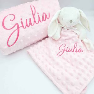Coffret couverture naissance personnalisée et doudou lapin
