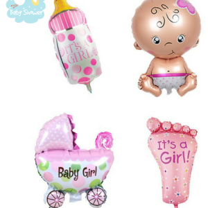 4  ballons roses : bébé, biberon, empreinte, berceau