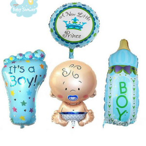 4  ballons bleus pour décorer votre baby shower : bébé, biberon, empreinte