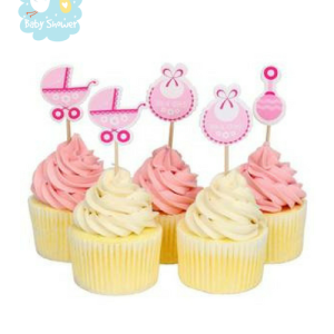 Décoration baby shower fille: 20 pics roses pour cupcackes : bavoir, hochet, landau
