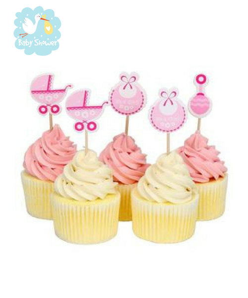Décoration baby shower fille: 20 pics roses pour cupcackes : bavoir, hochet, landau