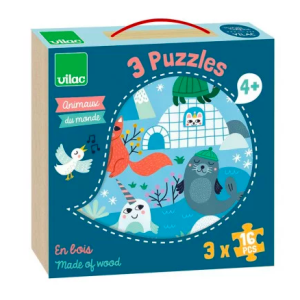 Coffret en bois de 3 puzzles évolutifs Animaux Du Monde – Vilac – 8530