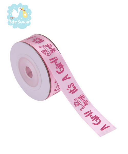 Idée décoration baby shower. ruban satin rose “It’s a girl”