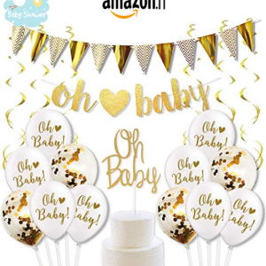 Décorations pour Baby Shower: 1 bannière à message, 1 bannière triangulaire, décoration pour gâteau, 20 ballons, 4 ballons confettis, 1 paquet de serpentins