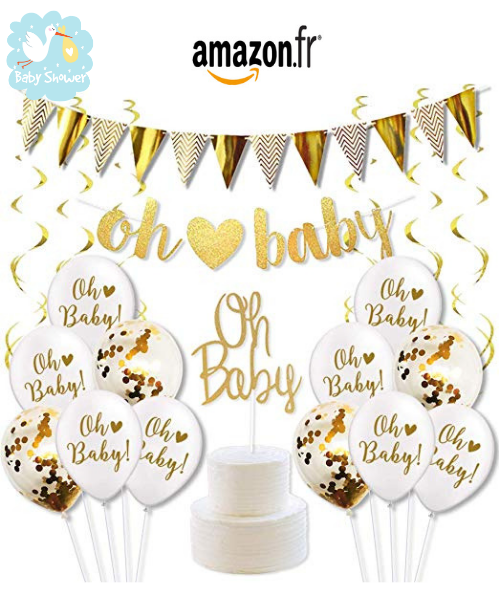 Décorations pour Baby Shower: 1 bannière à message, 1 bannière triangulaire, décoration pour gâteau, 20 ballons, 4 ballons confettis, 1 paquet de serpentins