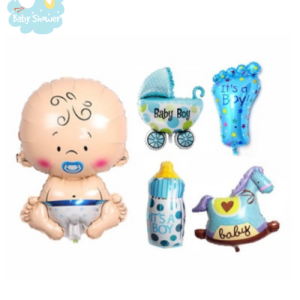 5 mini ballons bleus: bébé, pied, landau, biberon, cheval à bascule