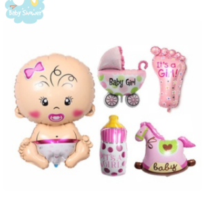 5 mini ballons roses: bébé, biberon, landau, pied, cheval