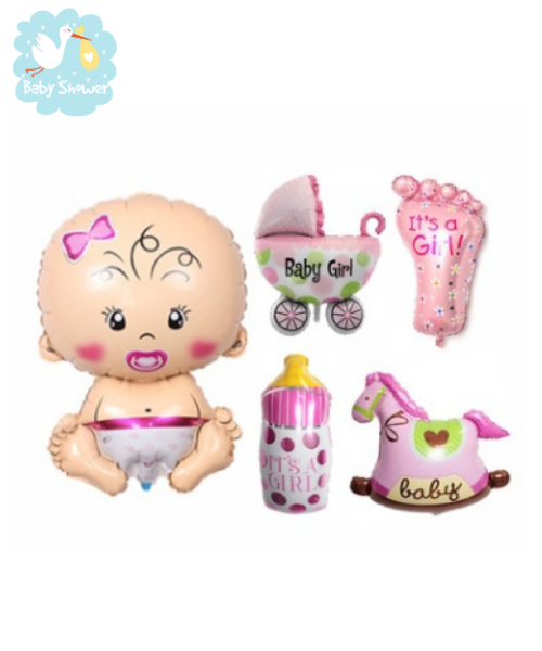 5 mini ballons roses: bébé, biberon, landau, pied, cheval